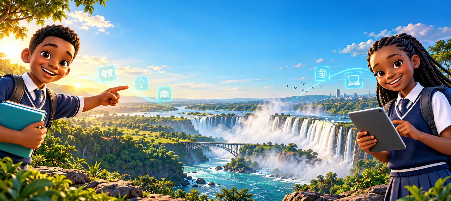 Two Zambian learners enjoying digital education beside Victoria Falls